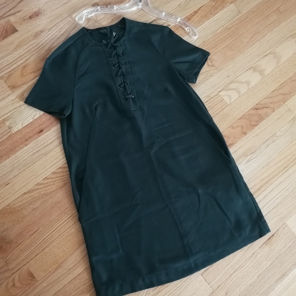 Topshop Dark Green Laced Front Dress with POCKETS